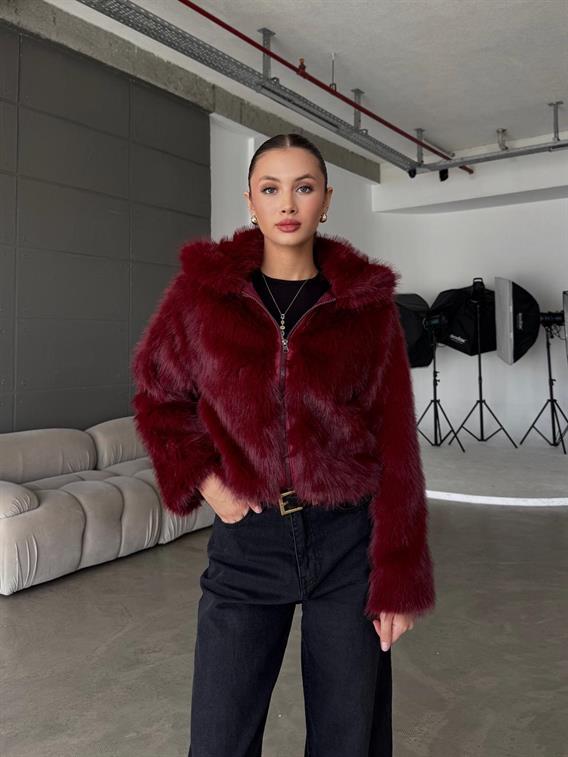 Elyora Dik Yaka Fermuar Detay Bordo Kürk Ceket