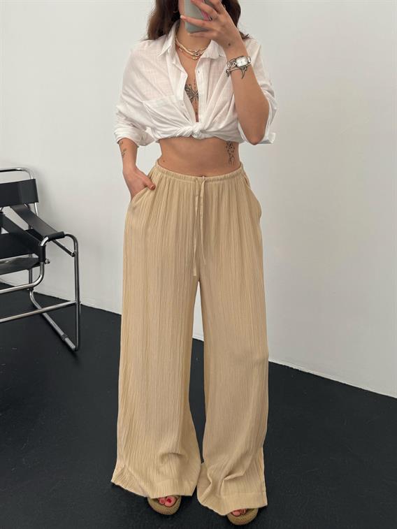 Forget Belden Bağcıklı Bol Paça Bej  Gofre Pantolon 