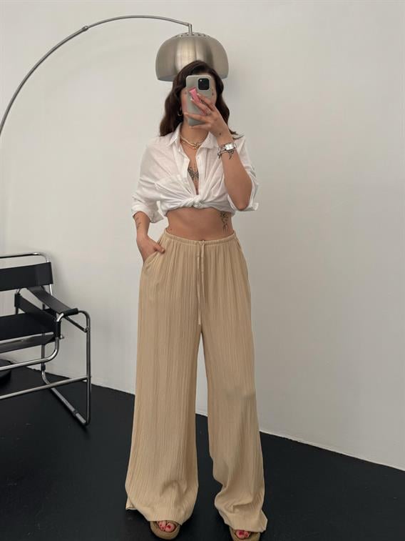 Forget Belden Bağcıklı Bol Paça Bej  Gofre Pantolon 