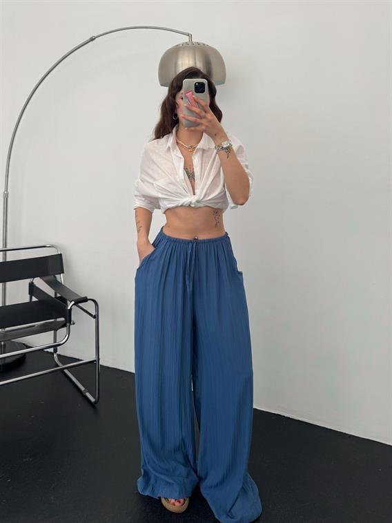 Forget Belden Bağcıklı Bol Paça İndigo  Gofre Pantolon 