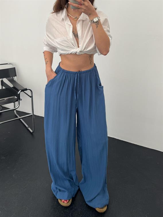 Forget Belden Bağcıklı Bol Paça İndigo  Gofre Pantolon 