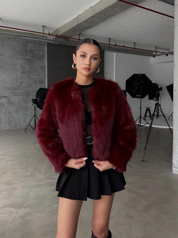 Foxelle Yakasız Bordo Kürk Ceket