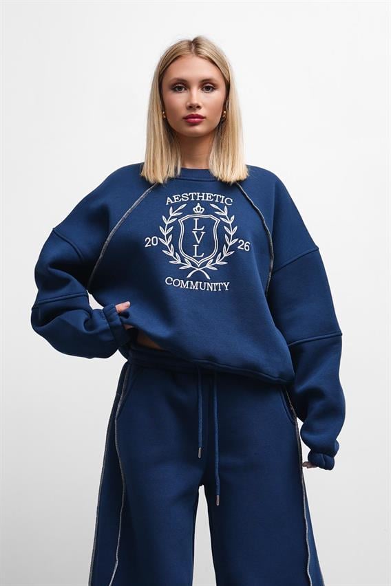 Fredom Bisiklet Yaka Nakış Detaylı Oversize Lacivert Eşofman Takımı