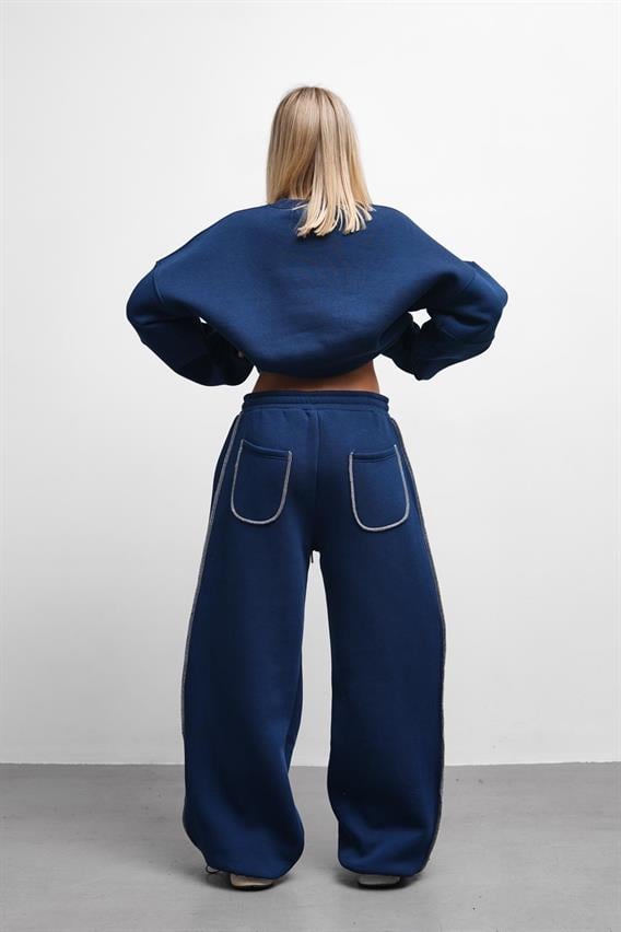 Fredom Bisiklet Yaka Nakış Detaylı Oversize Lacivert Eşofman Takımı