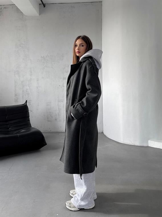 Frost Antrasit Apoletli Oversize Kaşe Uzun Kaban