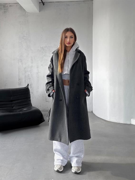 Frost Antrasit Apoletli Oversize Kaşe Uzun Kaban