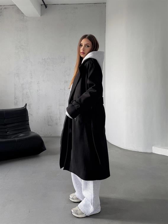 Frost Siyah Apoletli Oversize Kaşe Uzun Kaban