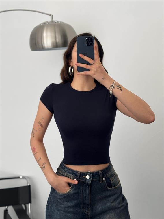 Ginza Bisiklet Yaka Lacivert Basic Crop
