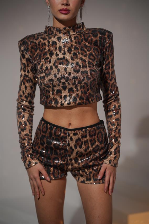 Glista Vatka Detay Payetli Leopar Desen Kahve Şort Etek Takım