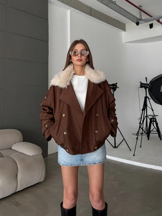 Jeksa Yakası Kürk Detay Kısa Kahve Trençkot