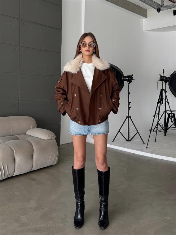 Jeksa Yakası Kürk Detay Kısa Kahve Trençkot