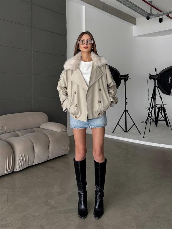 Jeksa Yakası Kürk Detay Kısa Taş Trençkot