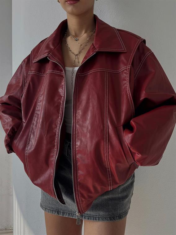 Knox Premium Dikiş Detay Kırmızı Deri Ceket