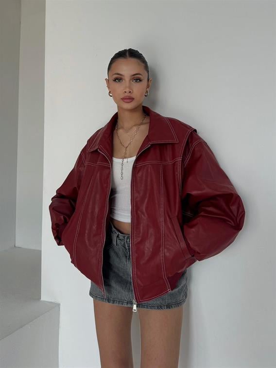 Knox Premium Dikiş Detay Kırmızı Deri Ceket