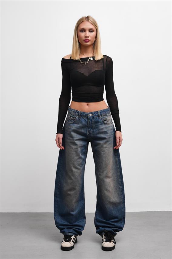 Loose Yıkamalı Mavi Baggy Jean