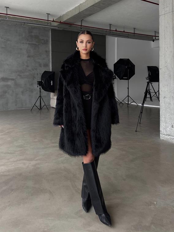 Lunafur Çıtçıt Detay Premium Siyah Uzun Kürk Ceket