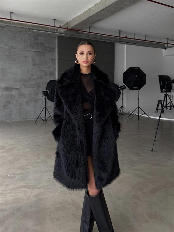 Lunafur Çıtçıt Detay Premium Siyah Uzun Kürk Ceket
