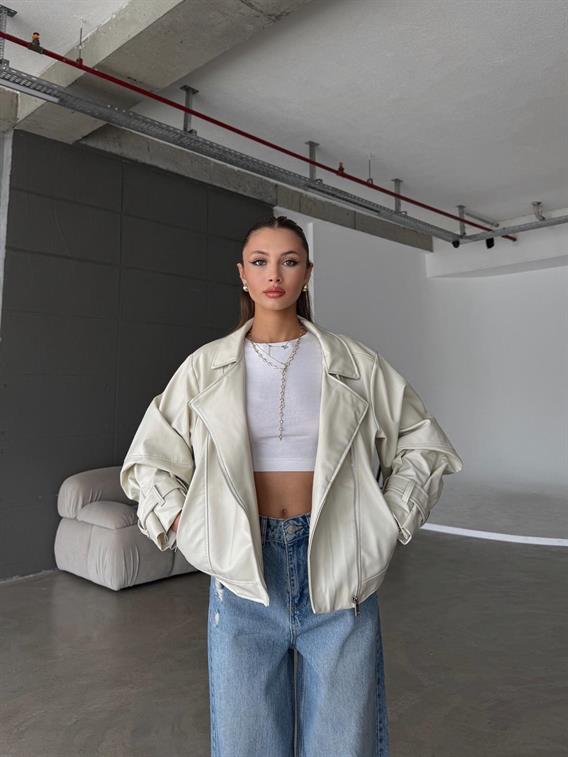 Maison Balon Kol Krem Deri Ceket