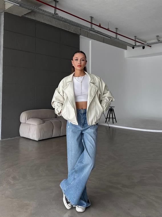 Maison Balon Kol Krem Deri Ceket