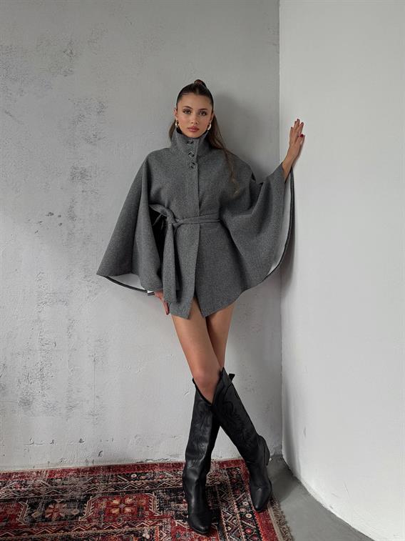 Mavren Kuşaklı Gri Kaşe Panço