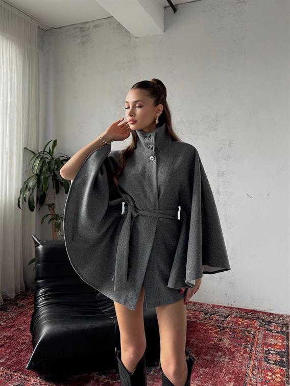 Mavren Kuşaklı Gri Kaşe Panço