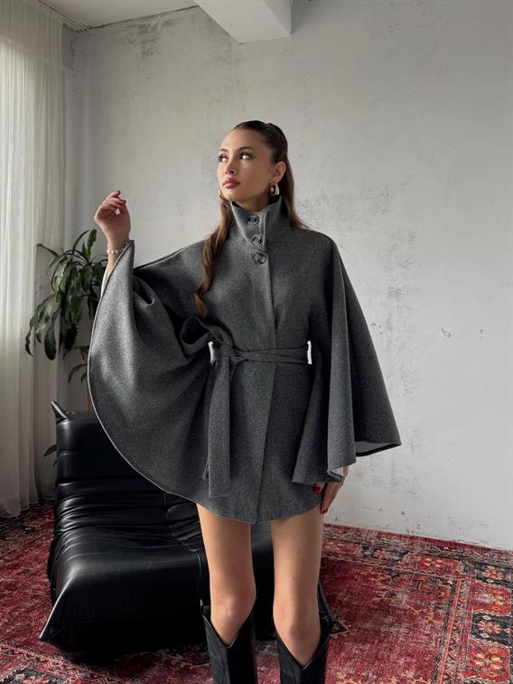 Mavren Kuşaklı Gri Kaşe Panço