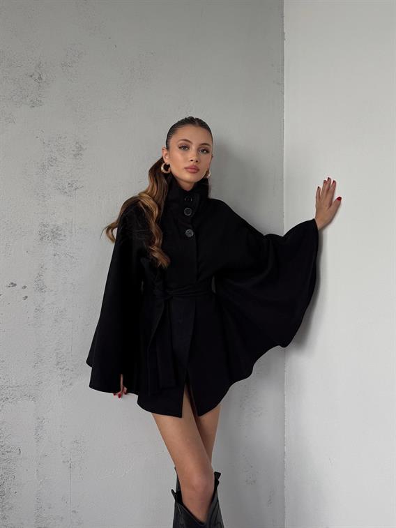 Mavren Kuşaklı Siyah Kaşe Panço