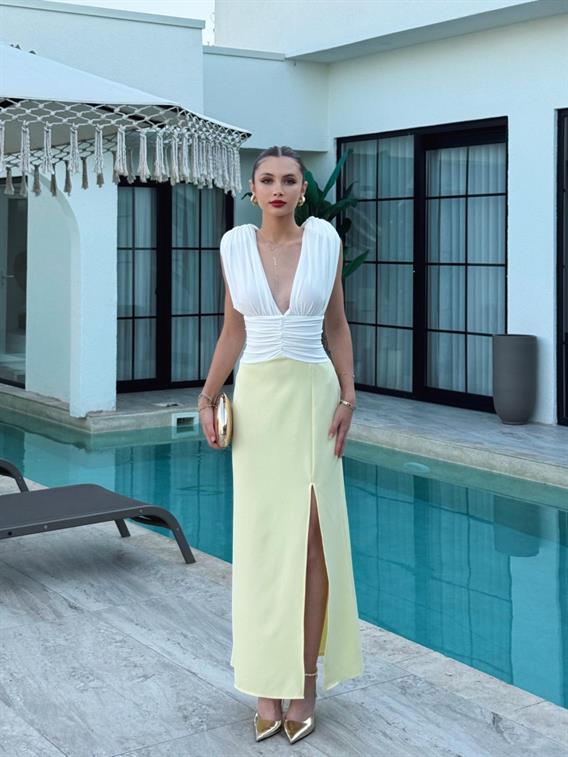 Midnight Omuz Vatkalı Büzgülü  Garnili Uzun Beyaz-Sarı Elbise