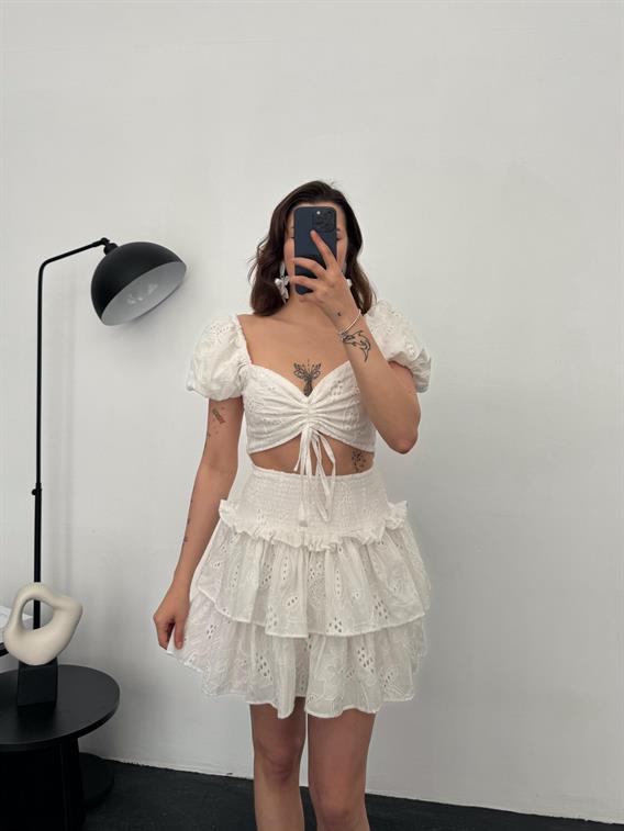 Mojito Beyaz Fisto Desenli Crop Etek Takım