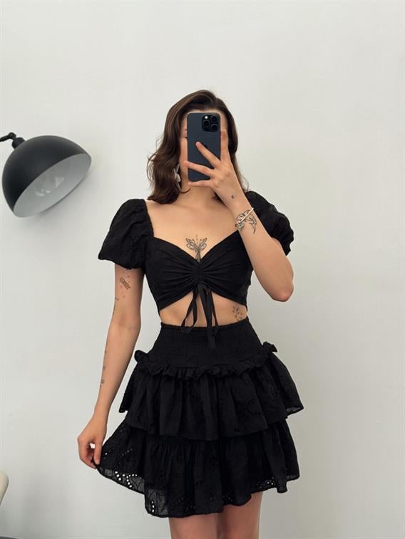 Mojito Siyah Fisto Desenli Crop Etek Takım