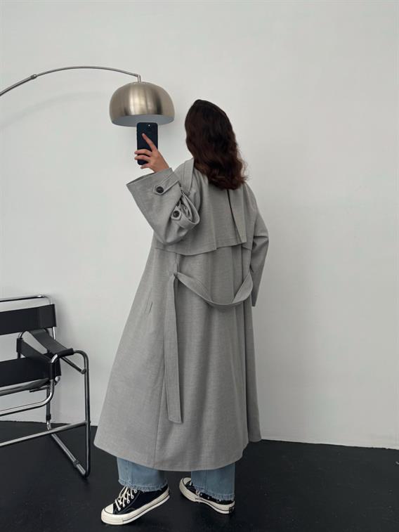 Neutra Gri Apoletli Kemer Detaylı Premium Oversize Trençkot