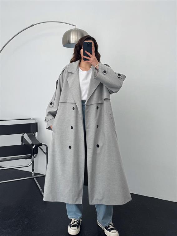 Neutra Gri Apoletli Kemer Detaylı Premium Oversize Trençkot