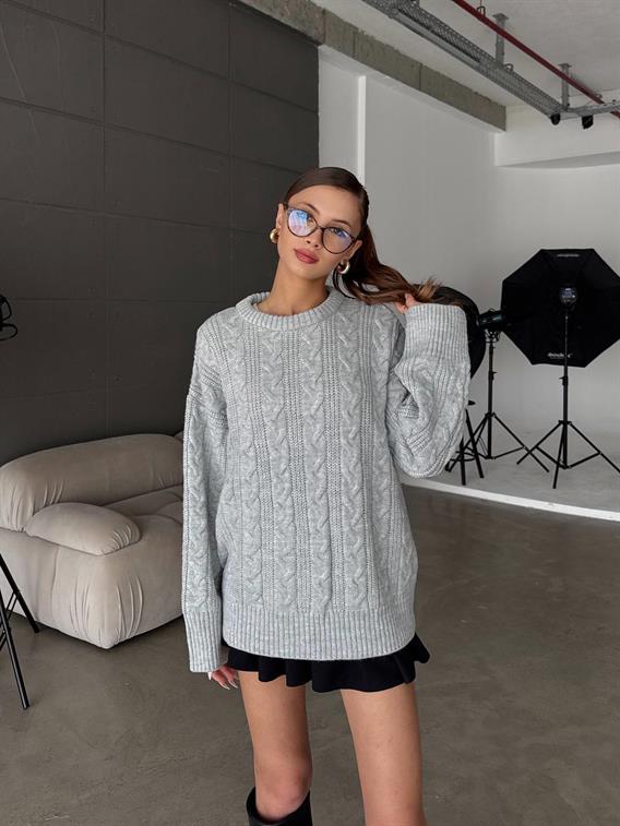 Nordic Bisiklet Yaka Örgü Detay Gri Oversize Kazak