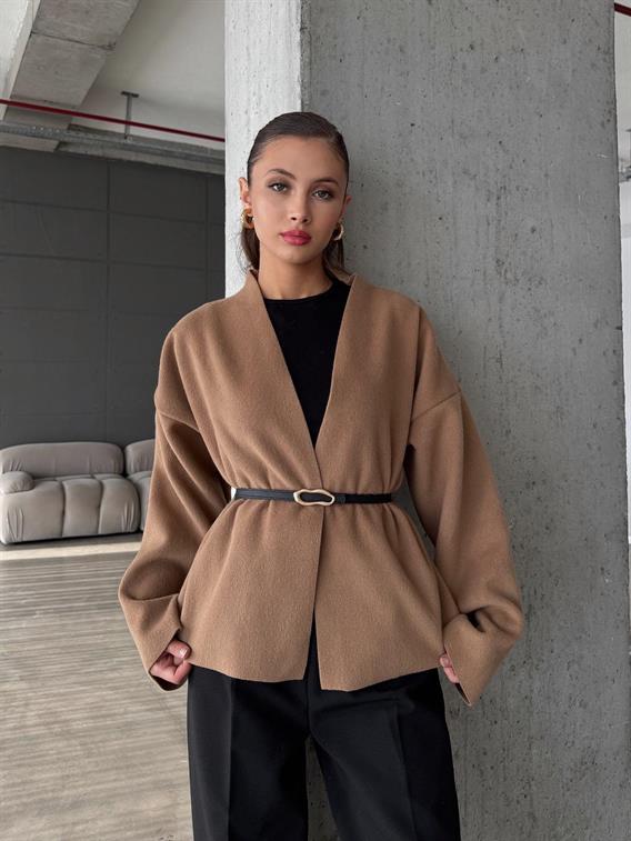 Orren Deri Kemerli Kaşe Camel Kimono