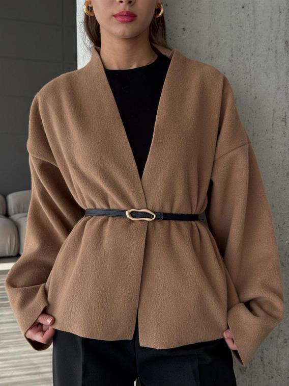 Orren Deri Kemerli Kaşe Camel Kimono