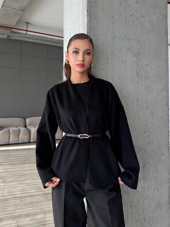 Orren Deri Kemerli Kaşe Siyah Kimono