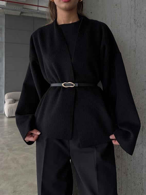 Orren Deri Kemerli Kaşe Siyah Kimono