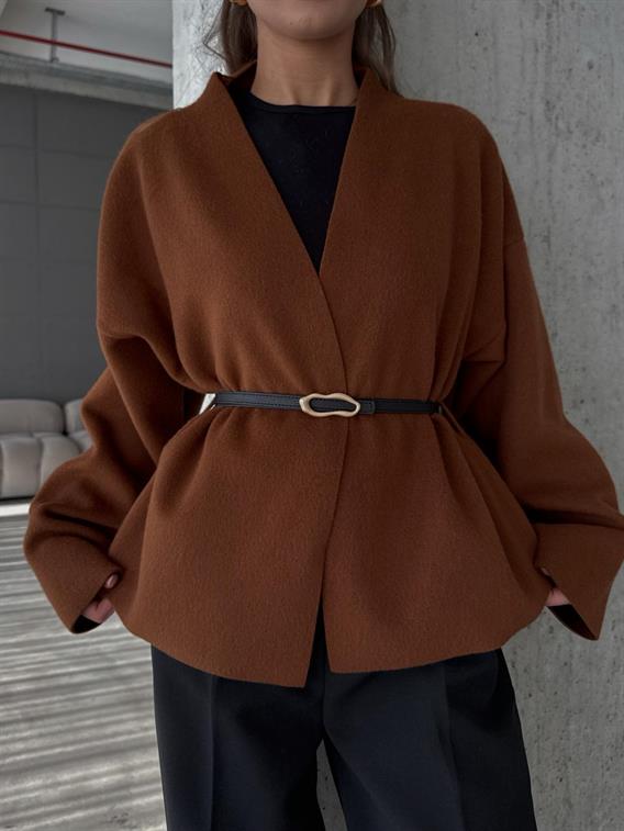 Orren Deri Kemerli Kaşe Tarçın Kimono