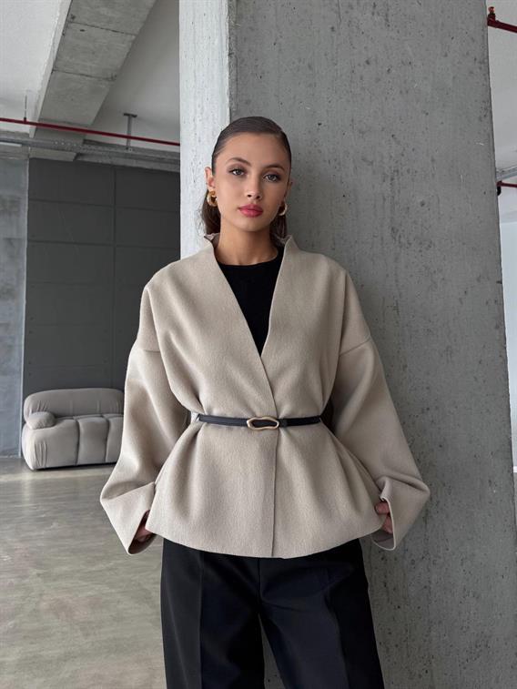Orren Deri Kemerli Kaşe Taş Kimono