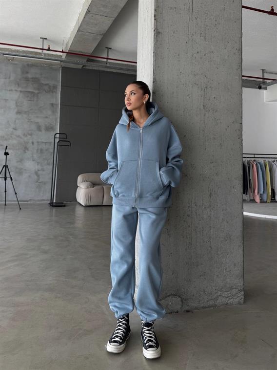 OW Fermuarlı Oversize Buz Mavi Hırka