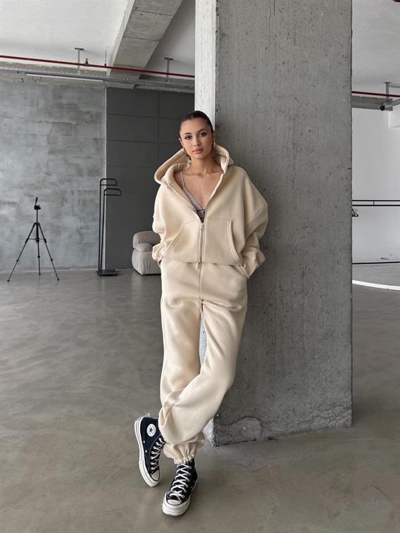 OW Fermuarlı Oversize Bej Hırka