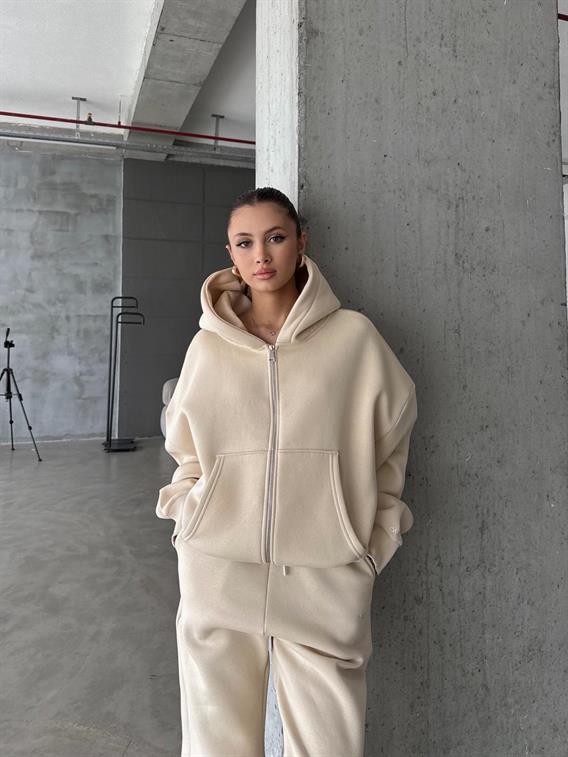 OW Fermuarlı Oversize Bej Hırka