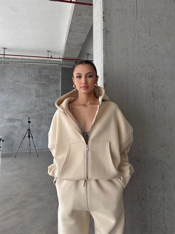 OW Fermuarlı Oversize Bej Hırka