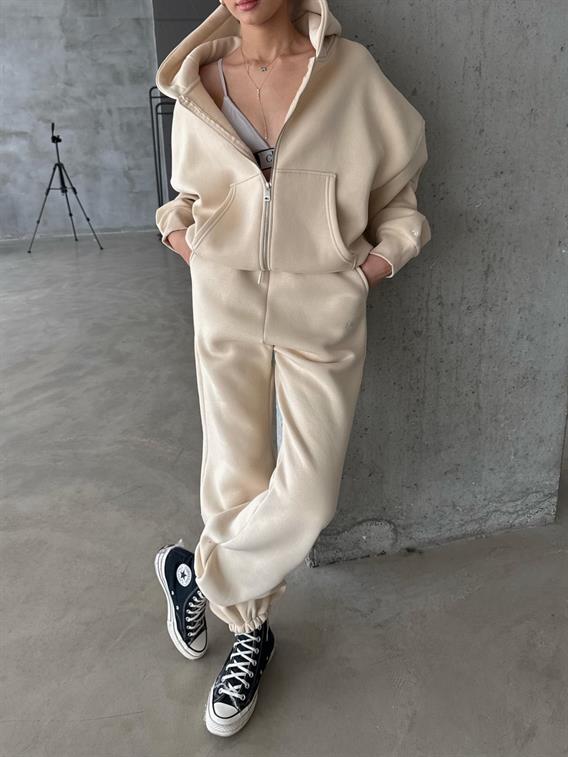 OW Fermuarlı Oversize Bej Hırka