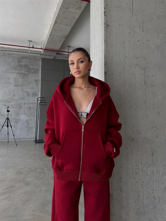 OW Fermuarlı Oversize Bordo Hırka