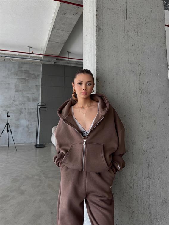 OW Fermuarlı Oversize Kahve Hırka