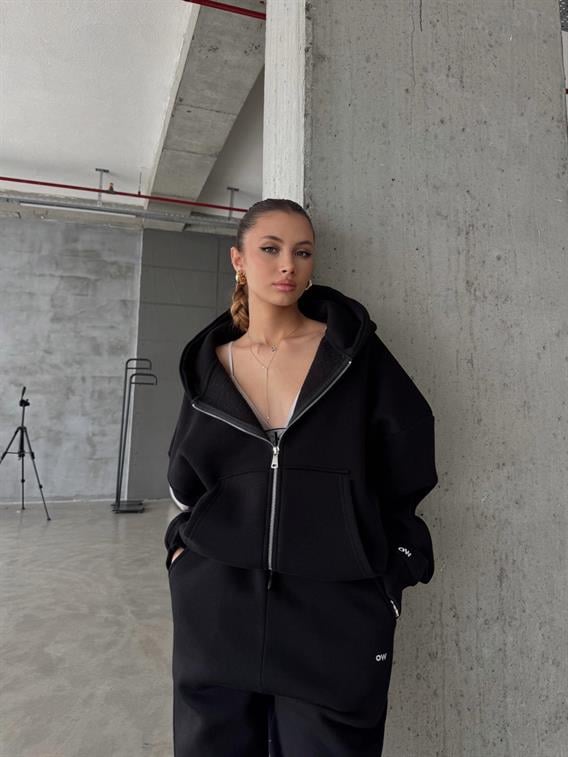 OW Fermuarlı Oversize Siyah Hırka