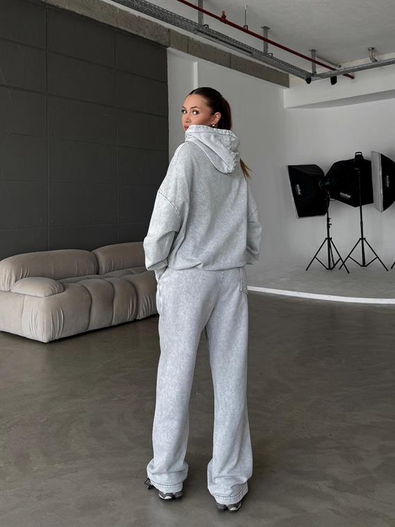 OW Kapüşonlu Oversize Yıkamalı Gri Eşofman Takımı