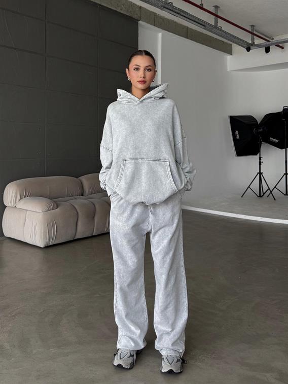 OW Kapüşonlu Oversize Yıkamalı Gri Eşofman Takımı