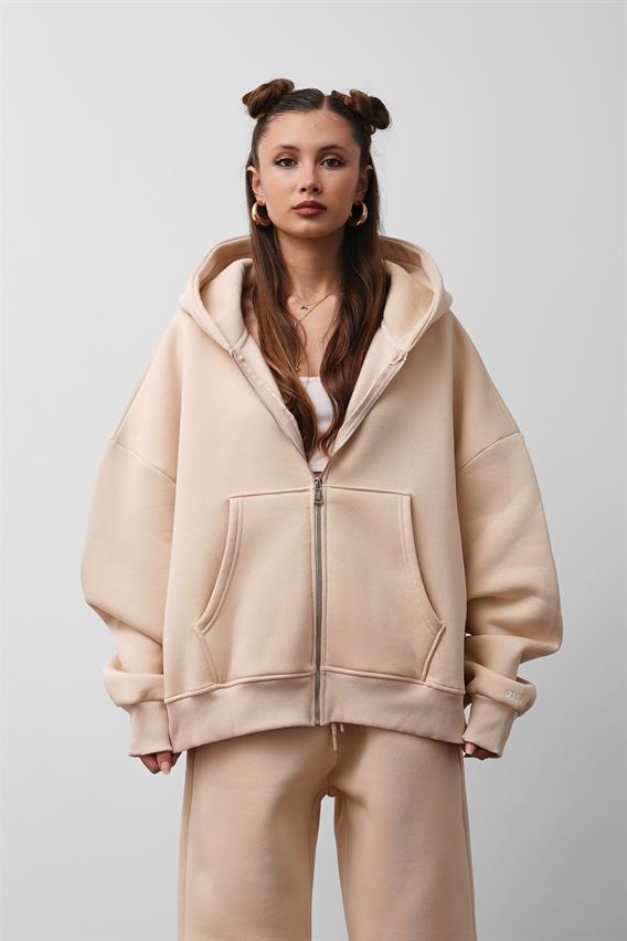 OW Oversize 3lü Set Bej Paça Lastik+Düz Paça +Zip Takım